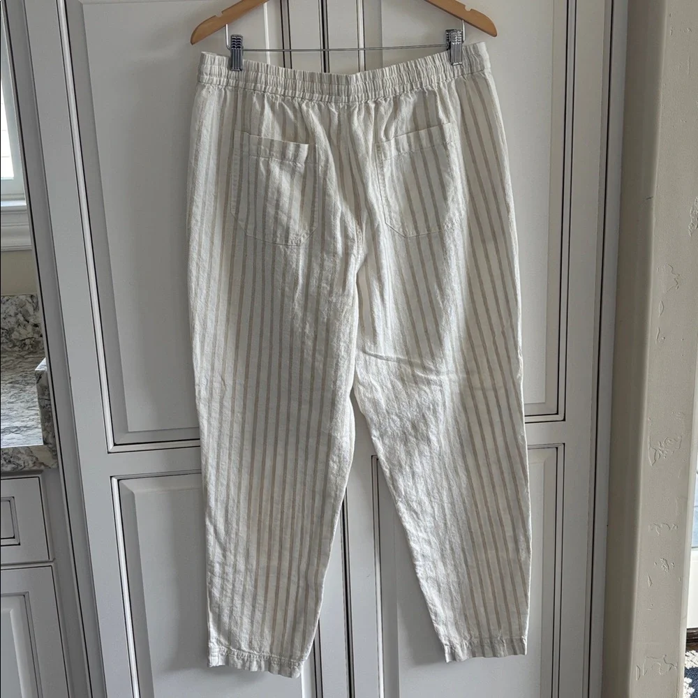 J Crew Linen‎ Cotton Beige Cream Striped Pull On Pants Beach Women’s Large Tall